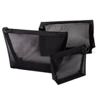 Trousse de toilette en maille transparente noire trois pièces grande capacité de voyage, Trousse de rangement trois pièces