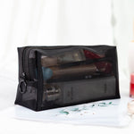 Trousse de toilette en maille transparente noire trois pièces grande capacité de voyage, Trousse de rangement trois pièces