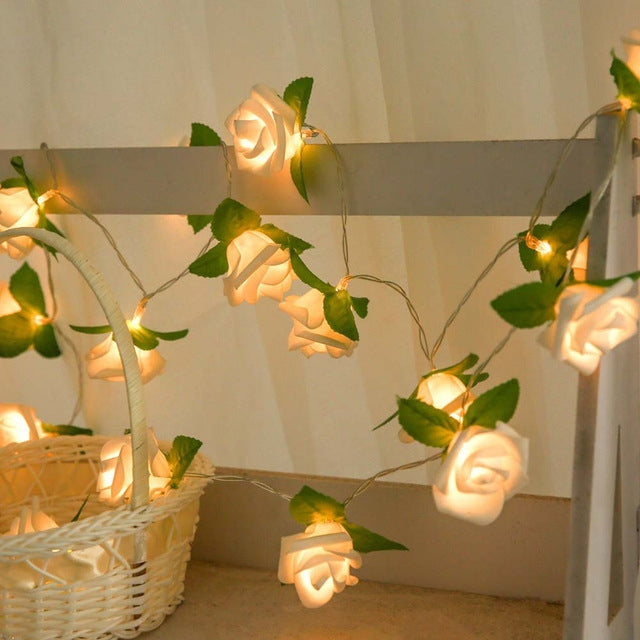 Guirlande lumineuse à piles en forme de fleurs de rose, décoration pour mariage, maison, fête d'anniversaire, lampe guirlande, blanc chaud, lumière blanche