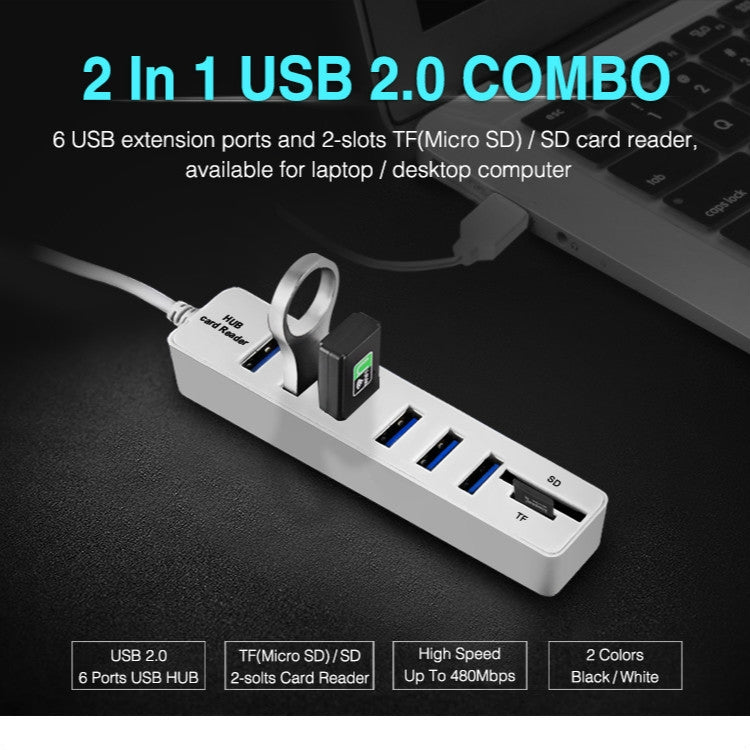 Hub USB 2.0 multiports répartiteur USB haute vitesse 6 ports avec lecteur de carte TF SD