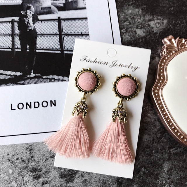Boucles d'oreilles pendantes vintage en velours à pampilles pour femmes, rose, noir, gris, vert, rouge