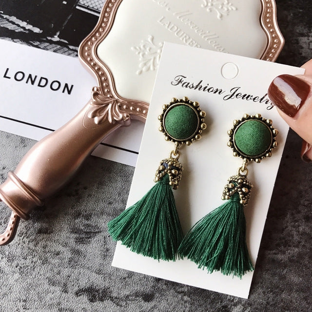 Boucles d'oreilles pendantes vintage en velours à pampilles pour femmes, rose, noir, gris, vert, rouge