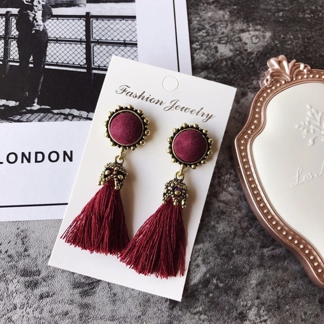Boucles d'oreilles pendantes vintage en velours à pampilles pour femmes, rose, noir, gris, vert, rouge