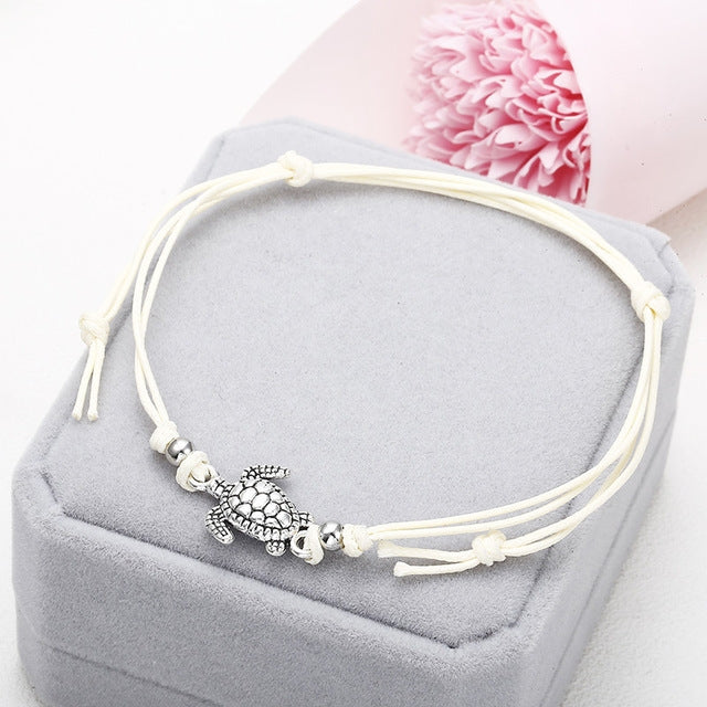Cheville bohème Cordon de cire Tortue de mer Laçage Bijoux de pied Perles Bracelet pour femmes, blanc, noir, bleu