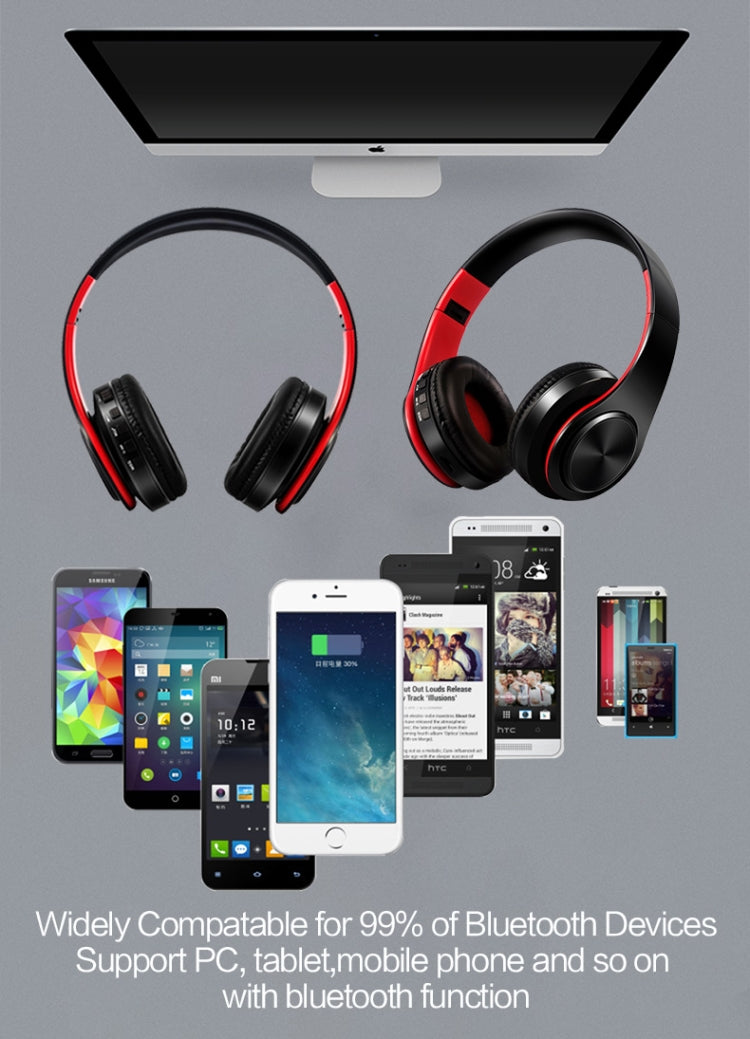 Casque Stéréo sans Fil Bluetooth HIFI pour Xiaomi iPhone Tablette Sumsamg, avec Micro, Prend en Charge la Carte SD et la FM