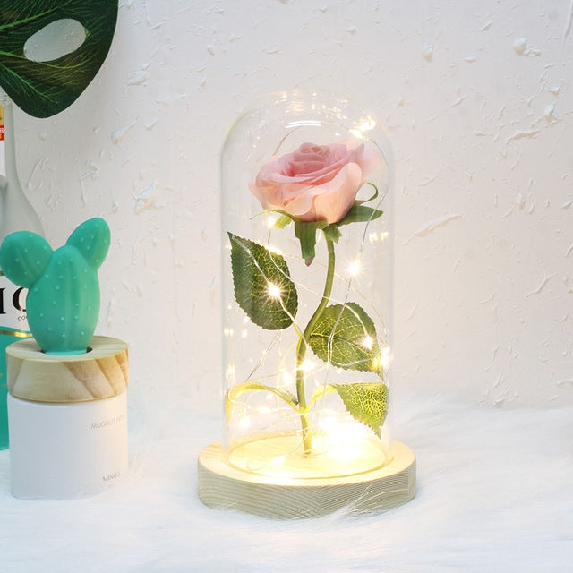 Décorations artisanales avec lumières de roses simulées sous cloche en verre, cadeaux de la Saint-Valentin