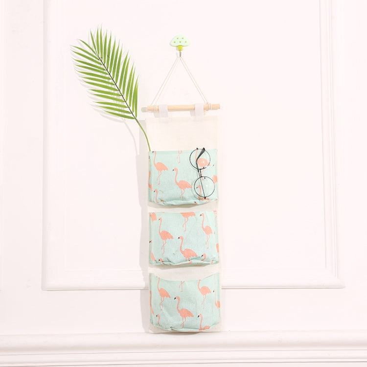 Cotton Linen Hanging Storage Bag 3 Pockets Wall Mounted Wardrobe Hang Bag Wall Pouch Cosmetic Toys Organizer, White flamingo, Green flamingo, Coffee geometric, Green tableware, Pink polar bear