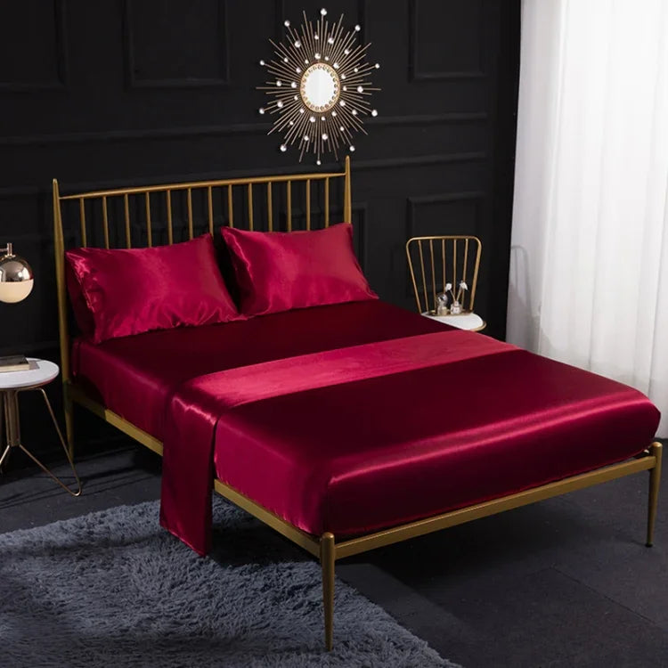 Ensemble de draps housse, drap plat et taies d'oreiller en soie glacée imitation soie pour la maison, US-Full/UK-D : 138x190x35cm, US-Queen/UK-K : 153x203x35cm, US-King : 198x203x35cm, UK-SK : 180x200x35cm, US-King : 198x203x35cm