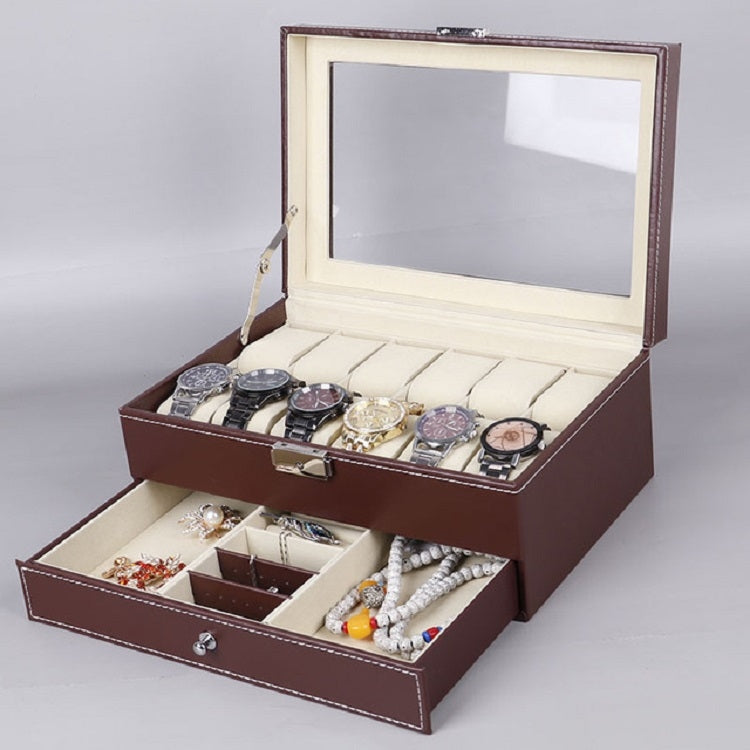 Boîte à montres 12 emplacements en cuir PU, boîte à bijoux double couche, boîte de rangement et de présentation, cuir PU marron