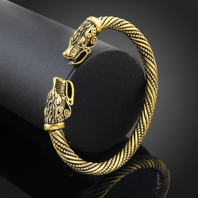 Bracelet Manchette Homme Tête de Loup Viking Bijoux Accessoires de Mode