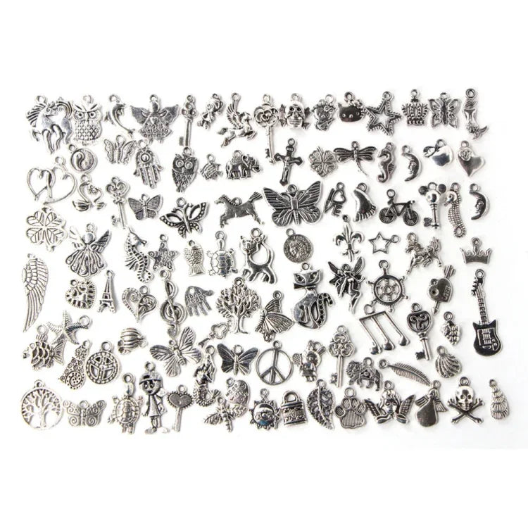 100 BRELOQUES BRACELETS EUROPÉENS COULEUR ARGENT ANTIQUE, BIJOUX TENDANCE À FAIRE SOI-MÊME, CHARMES FAITS À LA MAIN