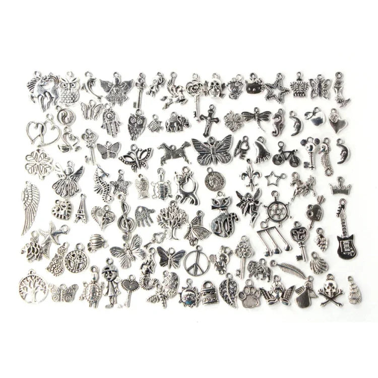 100 BRELOQUES BRACELETS EUROPÉENS COULEUR ARGENT ANTIQUE, BIJOUX TENDANCE À FAIRE SOI-MÊME, CHARMES FAITS À LA MAIN