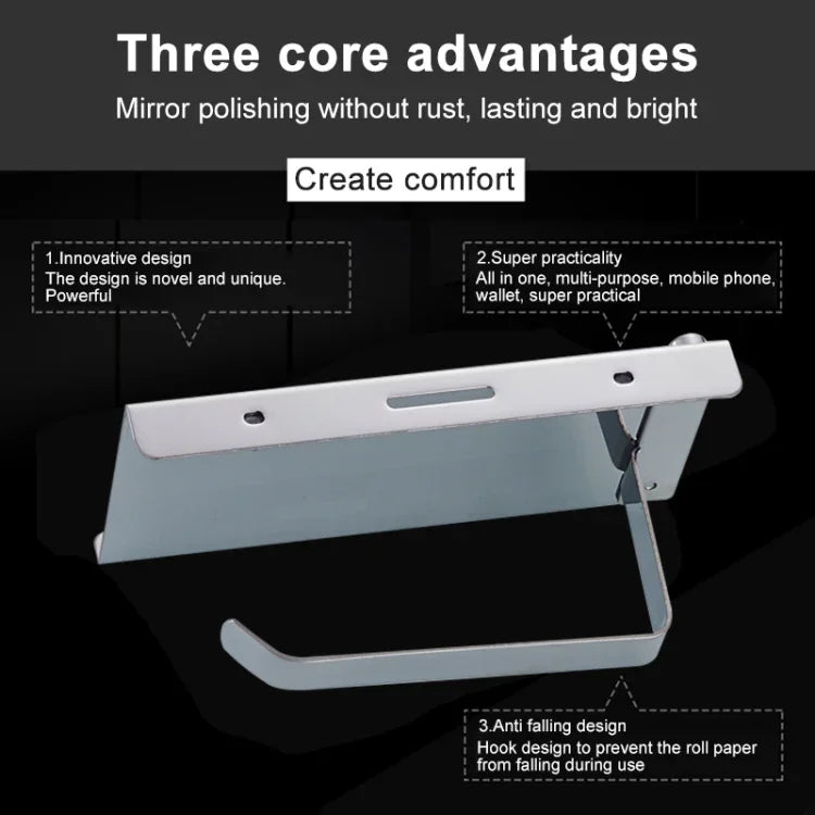 Porte-papier toilette en acier inoxydable brillant avec étagère de rangement pour téléphone portable, porte-papier toilette brillant