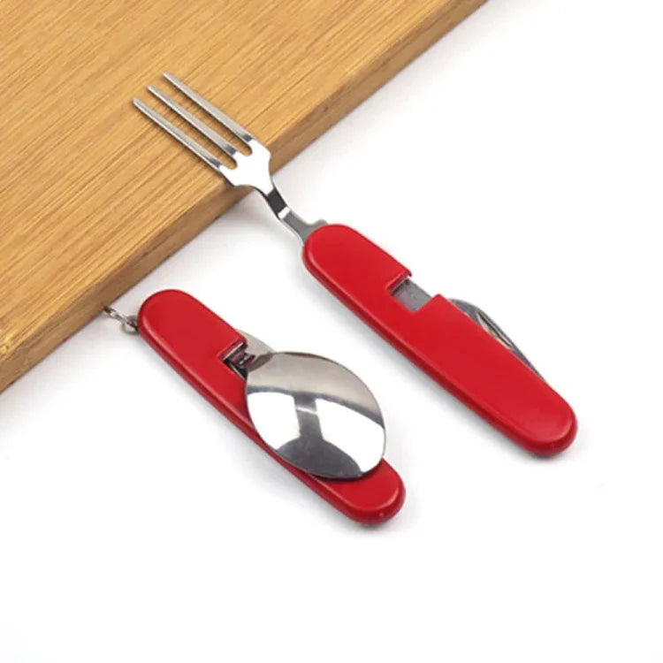 Vaisselle extérieure en acier inoxydable cuillère / fourchette / couteau / ouvre-bouteille 4 en 1, ensemble de couverts pliants multifonction