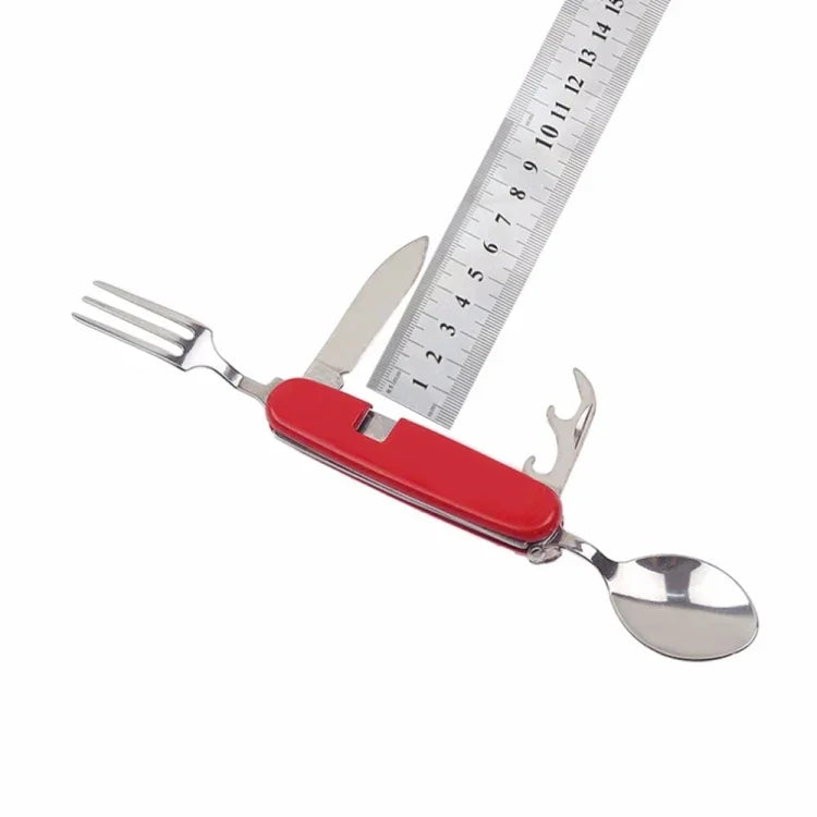 Vaisselle extérieure en acier inoxydable cuillère / fourchette / couteau / ouvre-bouteille 4 en 1, ensemble de couverts pliants multifonction