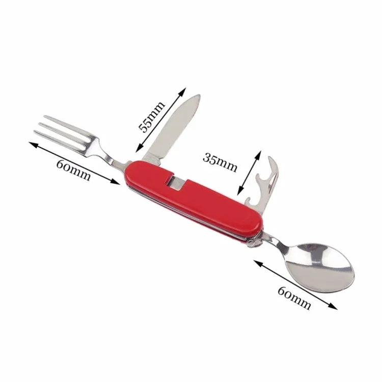 Vaisselle extérieure en acier inoxydable cuillère / fourchette / couteau / ouvre-bouteille 4 en 1, ensemble de couverts pliants multifonction