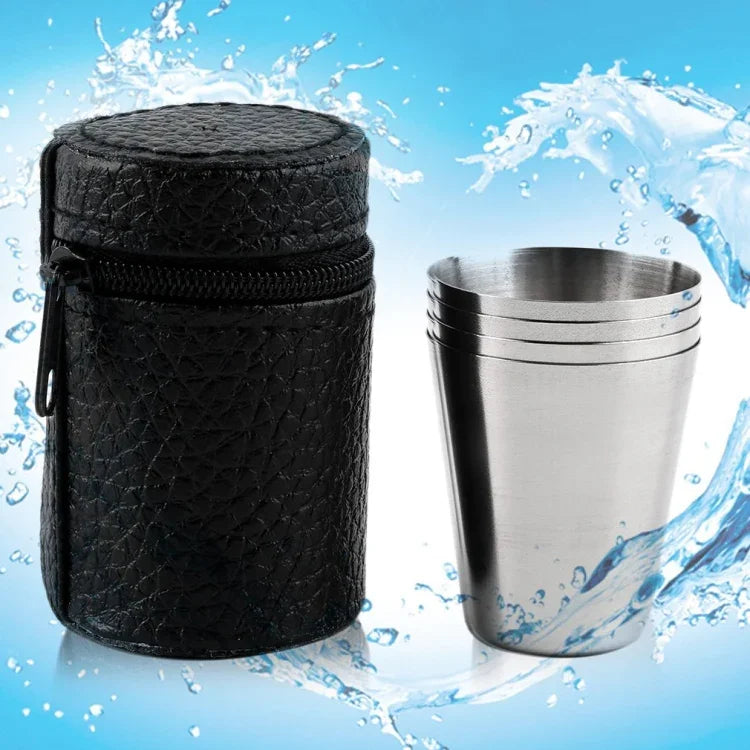 Set de 4 en 1 Tasse Mini Acier Inoxydable Extérieur Randonnée Camping Voyage Tasse d'Eau Portable en Cuir, 30ML