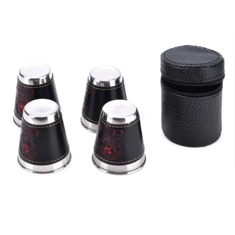 Ensemble de vaisselle de camping extérieur 4 en 1 70ml, tasses de voyage, fournitures de pique-nique, gobelet à vin et bière en acier inoxydable, mugs à whisky, cuir PU