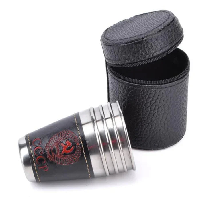 4 in 1 70ml Outdoor Camping Tableware Travel Cups Set Picnic Supplies Stainless Steel Wine Beer Cup Whiskey Mugs PU Leather