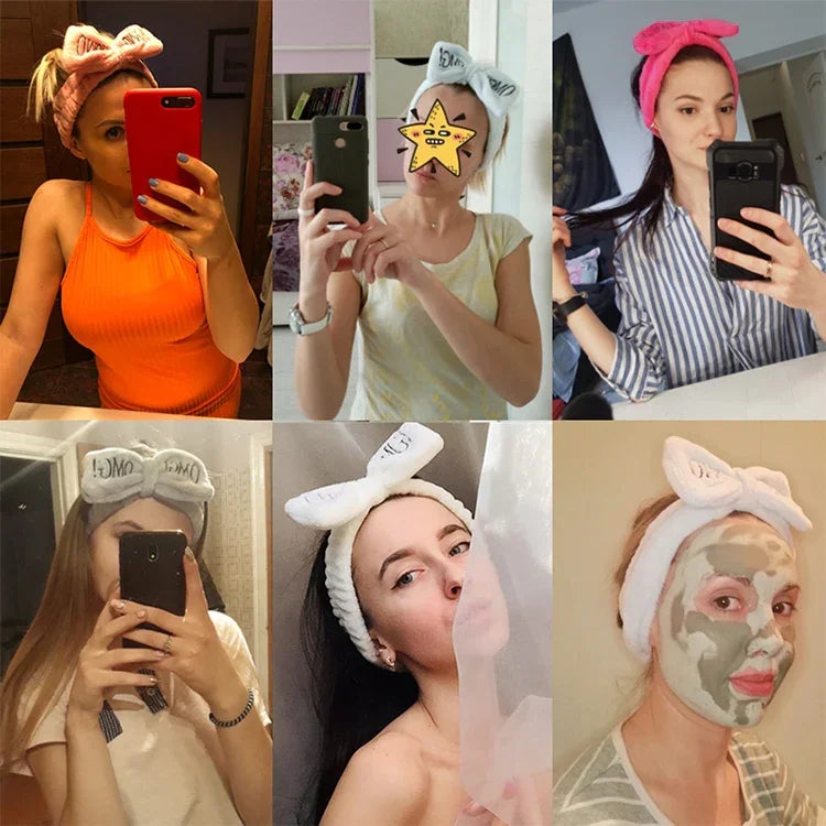 Femmes Nouvelle Lettre "OMG" Bandeaux Polaires Corail Doux avec Nœud Accessoires Cheveux Mignons Serre-tête