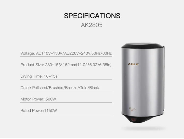 Sèche-mains Automatique à Capteur Jet d'Air Haute Vitesse en Acier Inoxydable 304 pour Maison Hôtel Aéroport