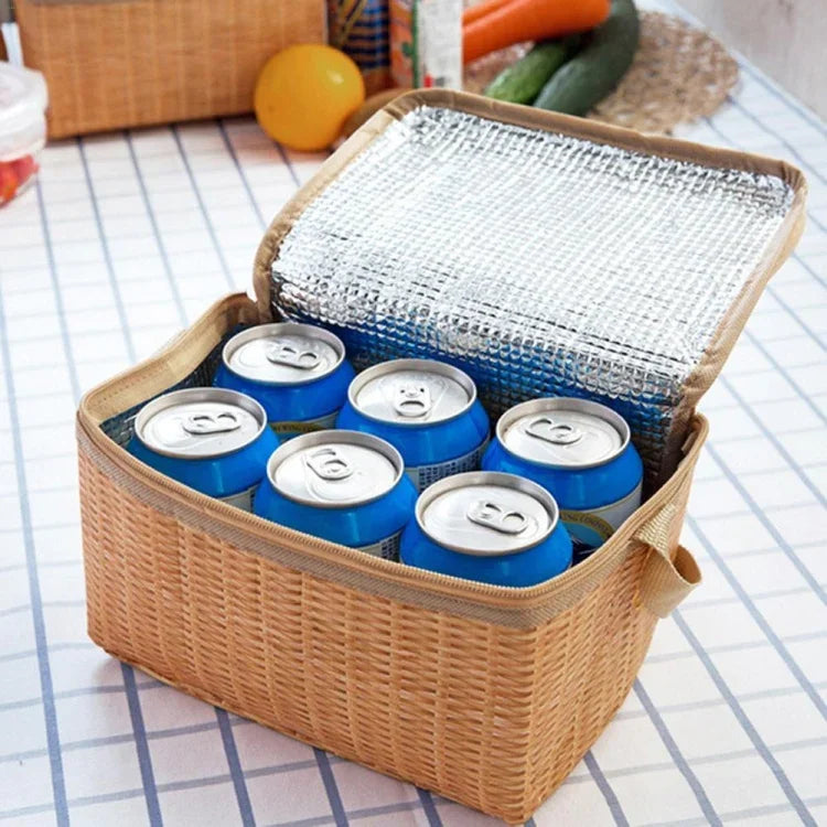 Sac de Pique-nique de Camping Extérieur Panier en Osier Boîte Isotherme de Rangement pour Déjeuner