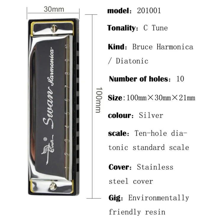 Harmonica Bruce Swan 2 pièces 10 trous, taille standard, pour débutants, enfants, adultes et étudiants.