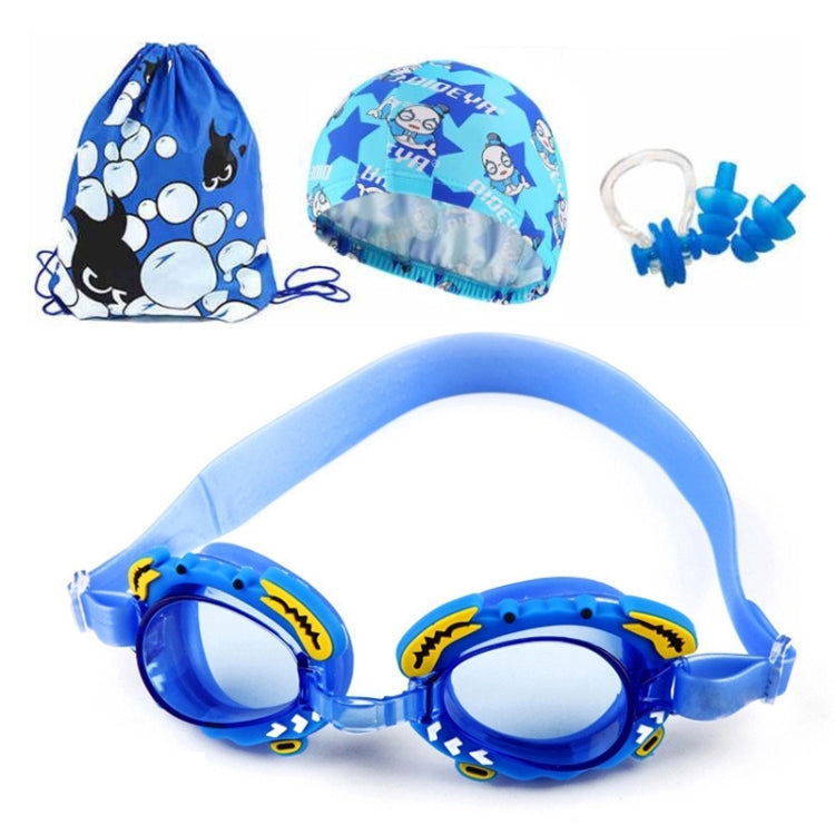 Ensemble de natation 4 en 1 pour enfants : lunettes de natation en silicone étanches et anti-buée avec motif de petit crabe, bonnet de bain imprimé, pince-nez, bouchons d'oreilles, sac de rangement (crabe bleu), (crabe rose)