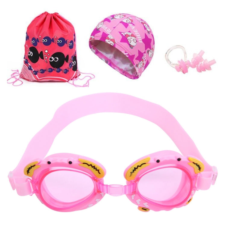 Ensemble de natation 4 en 1 pour enfants : lunettes de natation en silicone étanches et anti-buée avec motif de petit crabe, bonnet de bain imprimé, pince-nez, bouchons d'oreilles, sac de rangement (crabe bleu), (crabe rose)