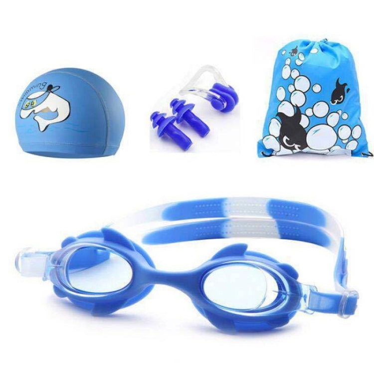 Ensemble de natation 4 en 1 pour enfants : lunettes de natation en silicone étanches et anti-buée avec motif de petit crabe, bonnet de bain imprimé, pince-nez, bouchons d'oreilles, sac de rangement (crabe bleu), (crabe rose)