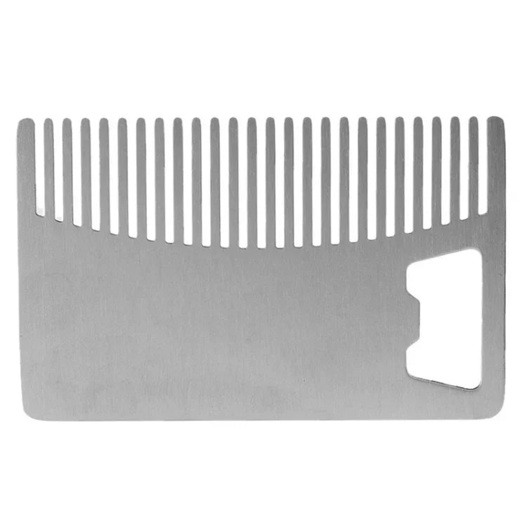 Peigne Barbe et Cheveux en Métal avec Ouvre-bouteille, Outil Multi-usage Format Carte de Crédit, Métal
