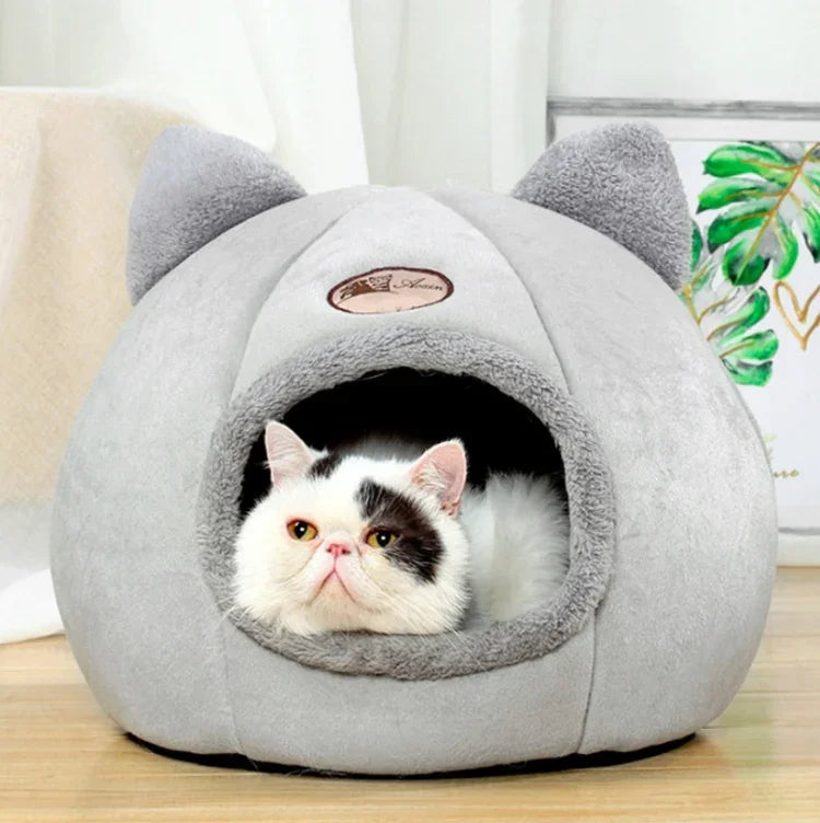 Niche Ronde Semi-Fermée Chaude et en Velours pour Animaux, M 33x33x33cm, L 36x36x36cm, XL 40x40x40cm