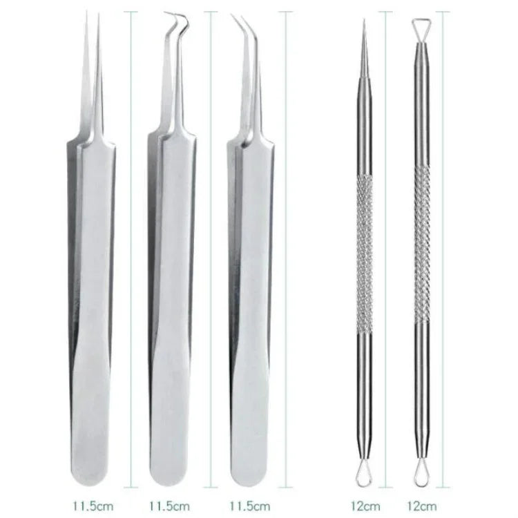 5 pièces/lot d'aiguilles anti-acné en acier inoxydable, pince anti-acné, outil pour points noirs, 5 en 1