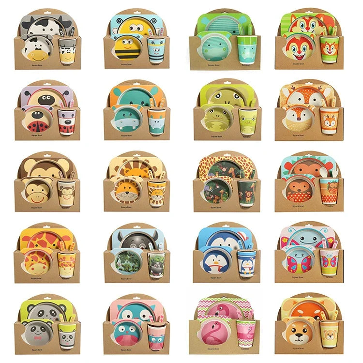 Set de vaisselle pour bébé Assiette fourchette dessin animé Vaisselle pour enfants Bol en fibre de bambou naturelle avec tasse cuillère assiette