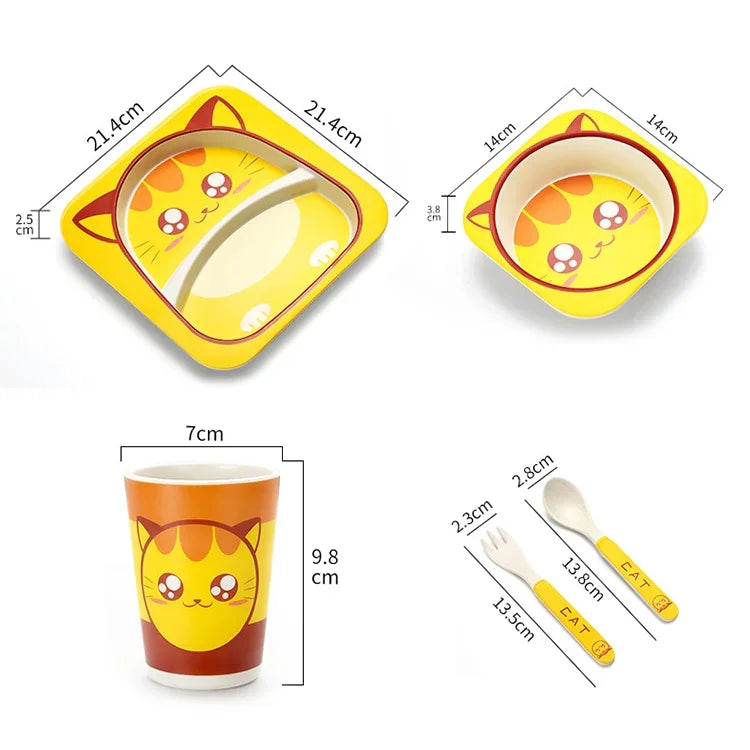 Set de vaisselle pour bébé Assiette fourchette dessin animé Vaisselle pour enfants Bol en fibre de bambou naturelle avec tasse cuillère assiette