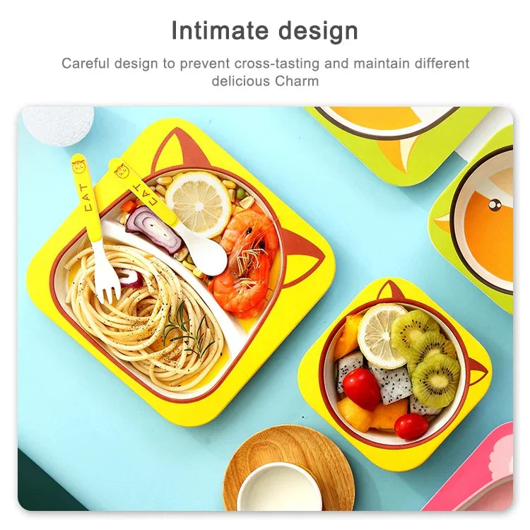 Set de vaisselle pour bébé Assiette fourchette dessin animé Vaisselle pour enfants Bol en fibre de bambou naturelle avec tasse cuillère assiette