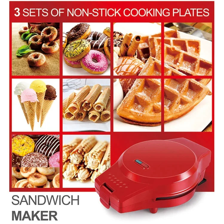 Plaque de cuisson électrique multifonction 3 en 1, appareil à petit-déjeuner, à donuts, à sandwichs, à gaufres, à pizzas, prise EU, gaufrier multifonction 3 en 1