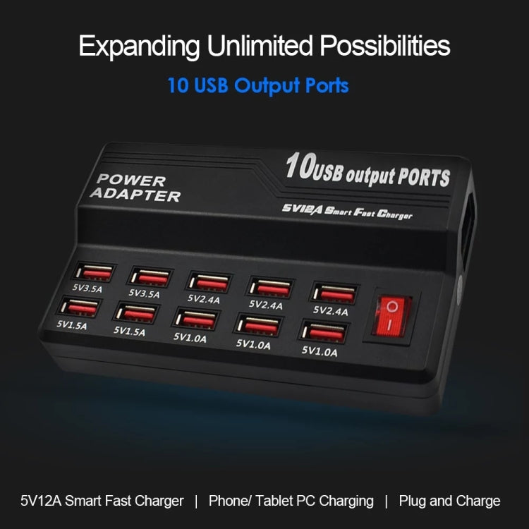 Chargeur numérique électronique intelligent à charge rapide USB 100-240V, chargeur multifonctionnel, prise US, 10 ports, 12 ports