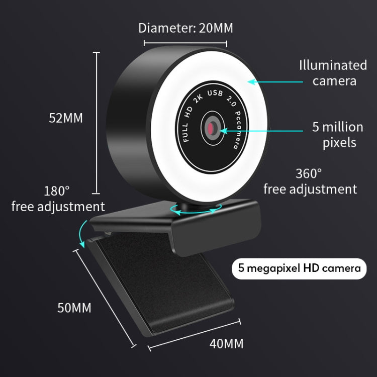 Caméra X98 HD sans pilote USB avec éclairage d'appoint et microphone, mise au point automatique 720P, 1080P, 2K