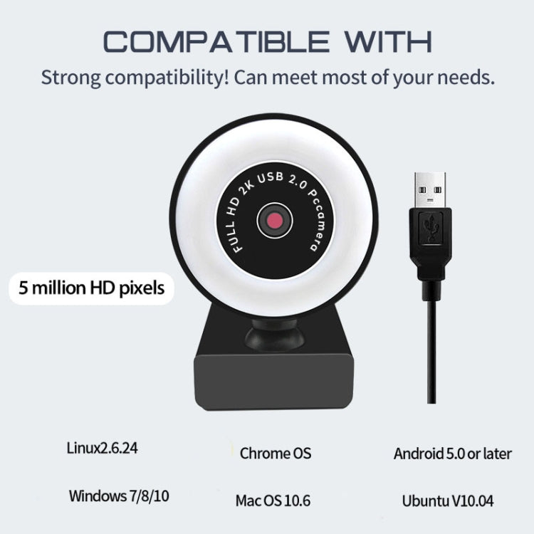 Caméra X98 HD sans pilote USB avec éclairage d'appoint et microphone, mise au point automatique 720P, 1080P, 2K