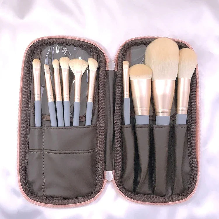 10 PIÈCES / Ensemble de pinceaux de maquillage en fibre de maïs pour la poudre libre, le visage et les yeux, sans sac, avec sac bleu, avec sac argenté, avec cylindre rose, avec cylindre vert, avec sac zippé rose
