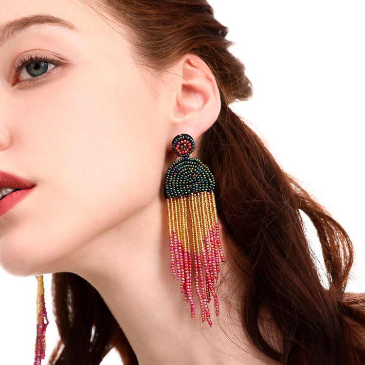 Boucles d'oreilles ethniques faites à la main, perles bohèmes avec pompons, Vert E68671