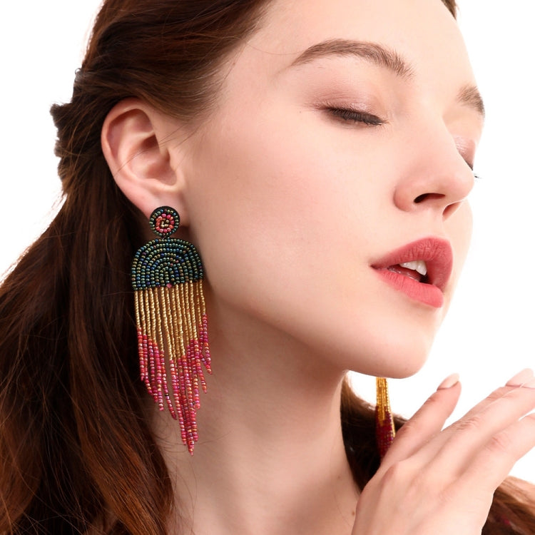 Boucles d'oreilles ethniques faites à la main, perles bohèmes avec pompons, Vert E68671