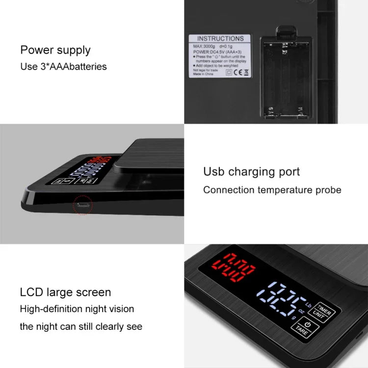 Balance à café domestique à pousser à la main, balance de cuisine intelligente USB avec minuterie, 3kg/0.1g, 5kg/0.1g, 10kg/1g