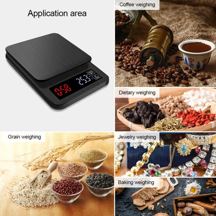 Balance à café domestique à pousser à la main, balance de cuisine intelligente USB avec minuterie, 3kg/0.1g, 5kg/0.1g, 10kg/1g