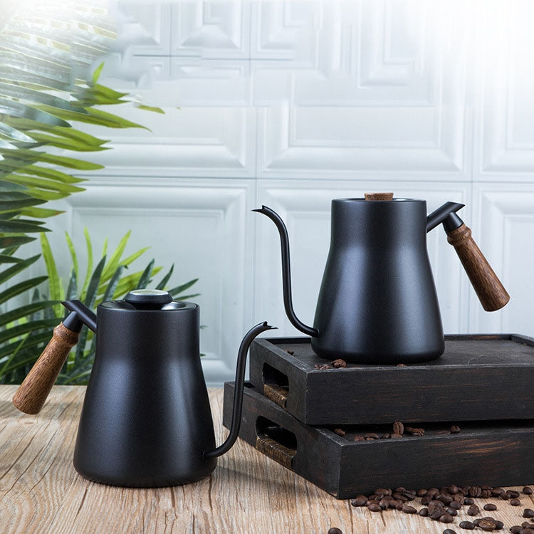 Pot à café en acier inoxydable 304, poignée en bois, pot à café fin à long bec en Téflon, sans thermomètre, avec thermomètre