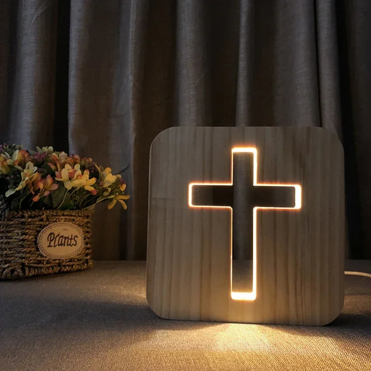 Lampe de Table Artisanale en Bois de Pin en Forme de Croix, Veilleuse LED, Croix