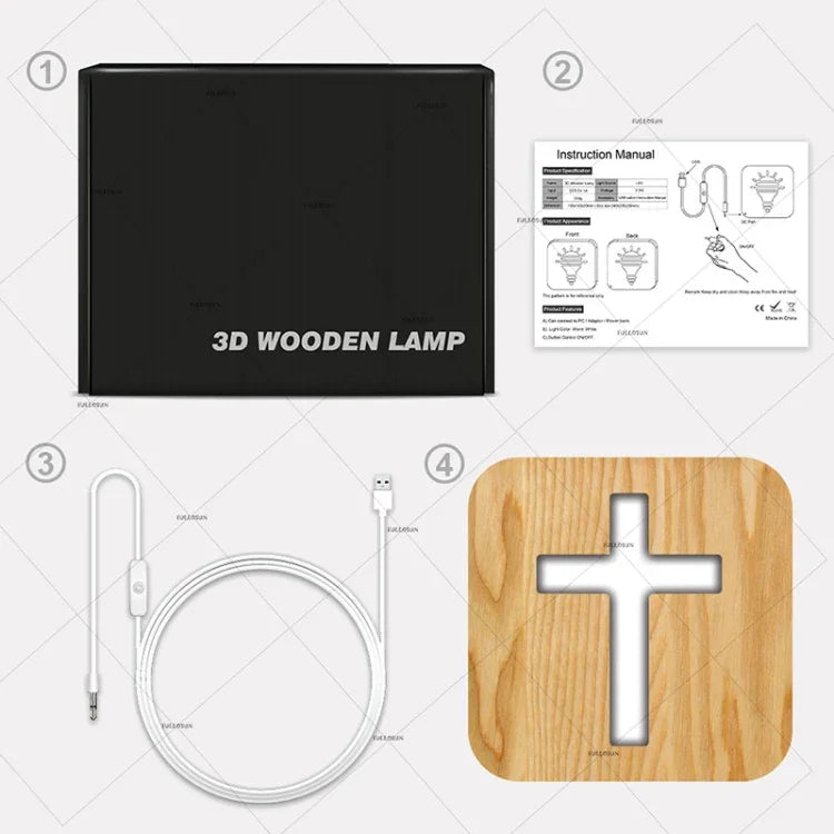 Lampe de Table Artisanale en Bois de Pin en Forme de Croix, Veilleuse LED, Croix