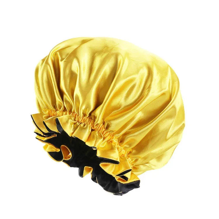 TJM-443A Chapeau de nuit double couche en satin avec grande dentelle, chapeau rond, bonnet de chimiothérapie, taille unique ajustable