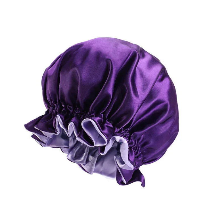 TJM-443A Chapeau de nuit double couche en satin avec grande dentelle, chapeau rond, bonnet de chimiothérapie, taille unique ajustable